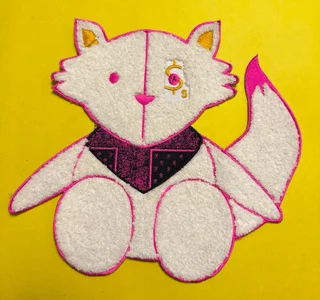Chenille and embroidery hybrid mascot patch with plush white yarn and pink detailing